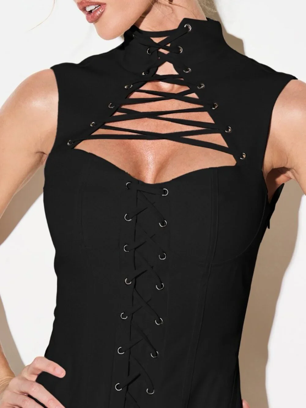 Black Party Women's Corseted High Neck Lace Up Mini Dress With Cutout